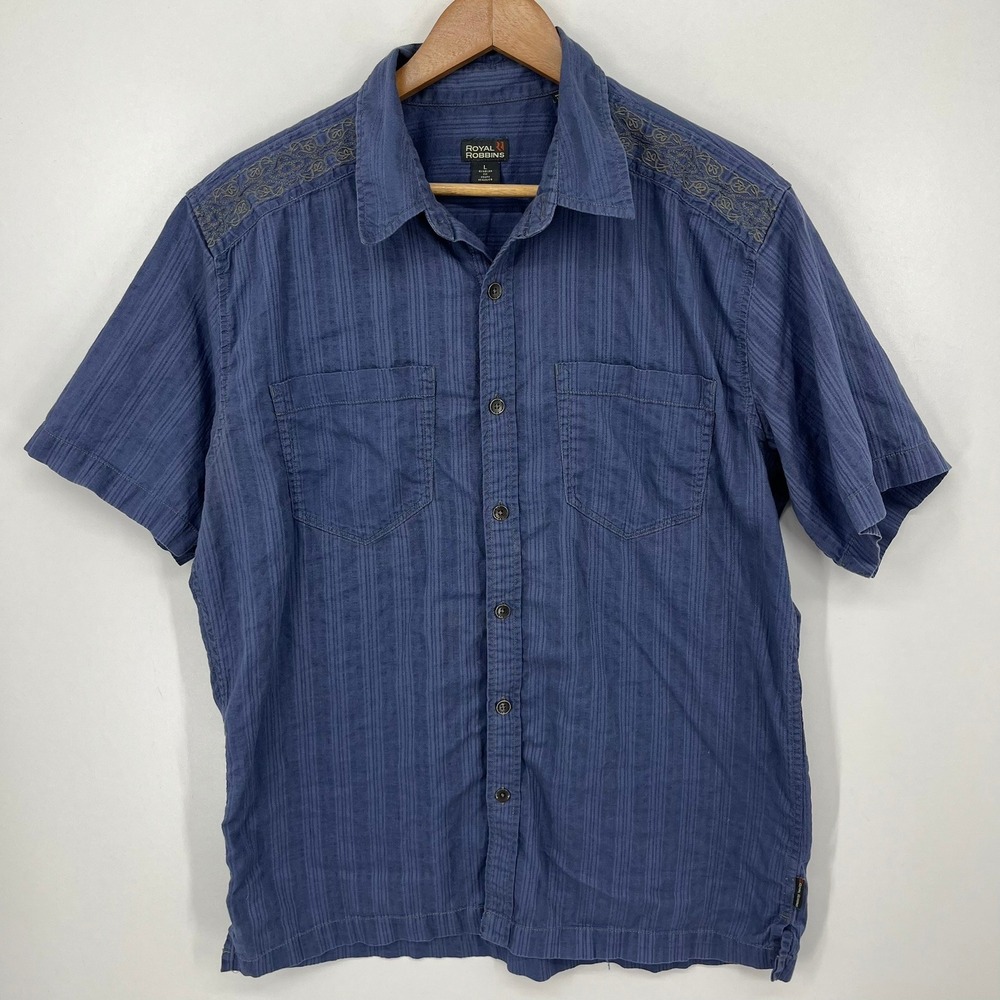 Royal Robbins Mens Blue Textured Short Sleeve Embroidered Button Down Shirt L